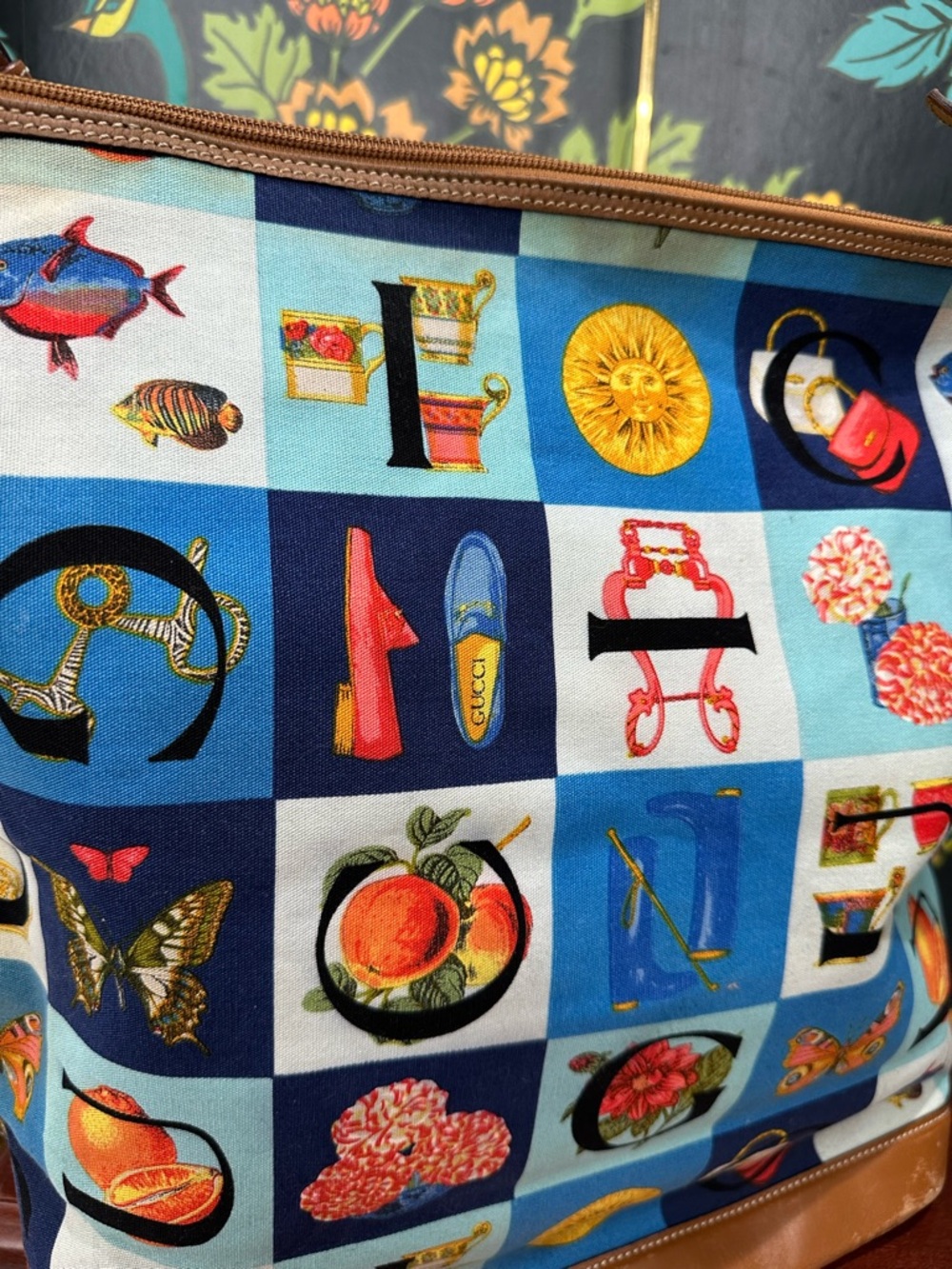 Vintage Gucci Alphabet Print Canvas Shoulder Bag Bamboo Charm Y2K Italy - Picture 6 of 12